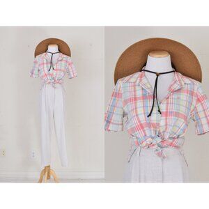 Vintage 90s Plaid Button Down Blouse | size‎ M